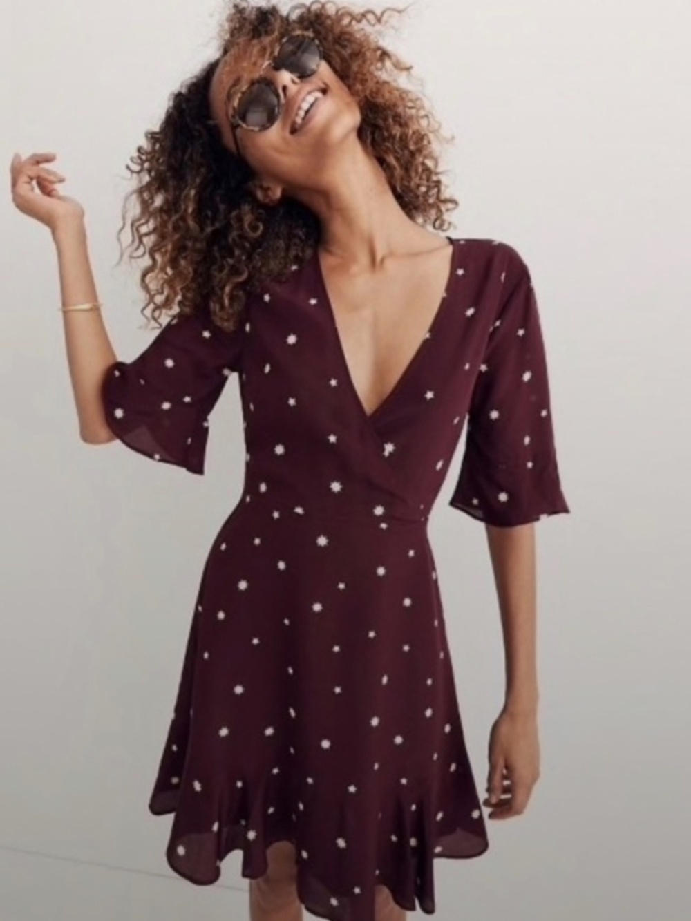 Madewell $148 Silk Flutter-Hem Dress in Star Mix H3616 Burgundy White 100% silk